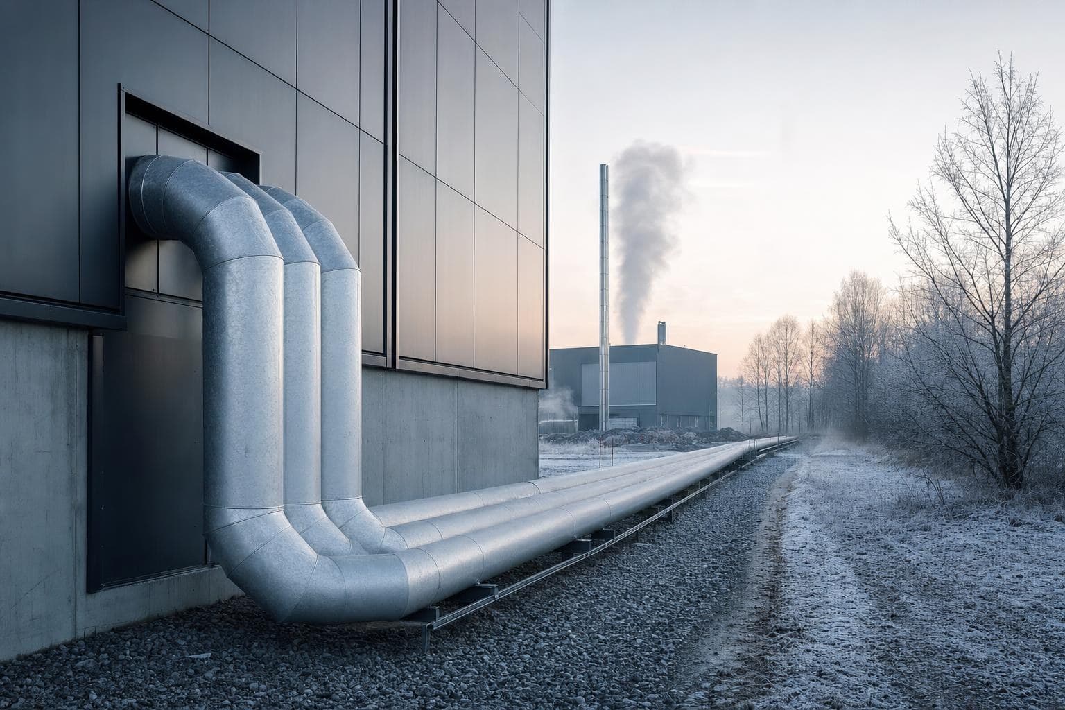 Drie geïsoleerde warmteleidingen verlaten de gevel van een donkere hal en lopen over een grindpad naar een warmtestation