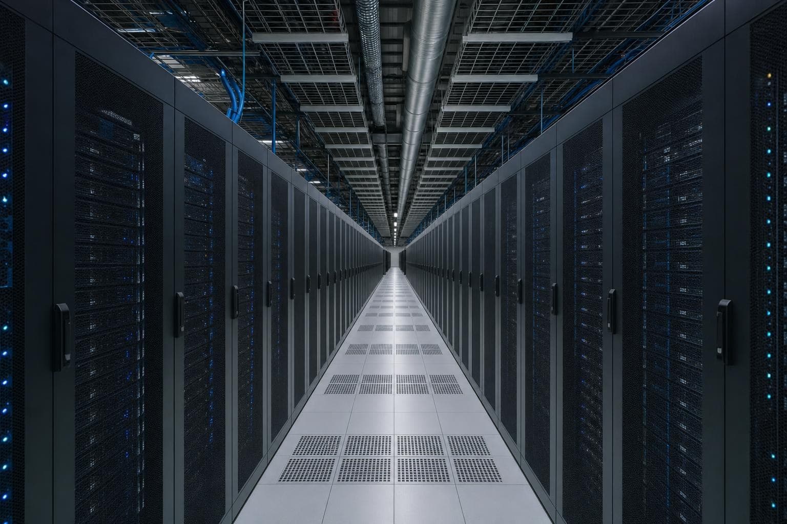 Koude gang van een serverhal tussen rijen donkere racks met blauwe statuslampjes