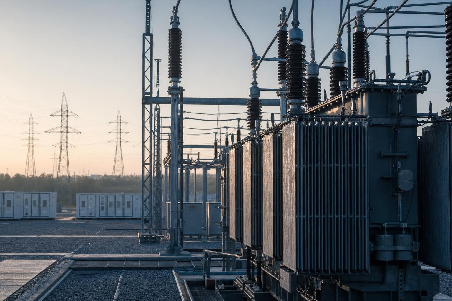 Transformatoren en isolatoren van een onderstation in ochtendlicht, op de achtergrond hoogspanningsmasten en batterijcontainers