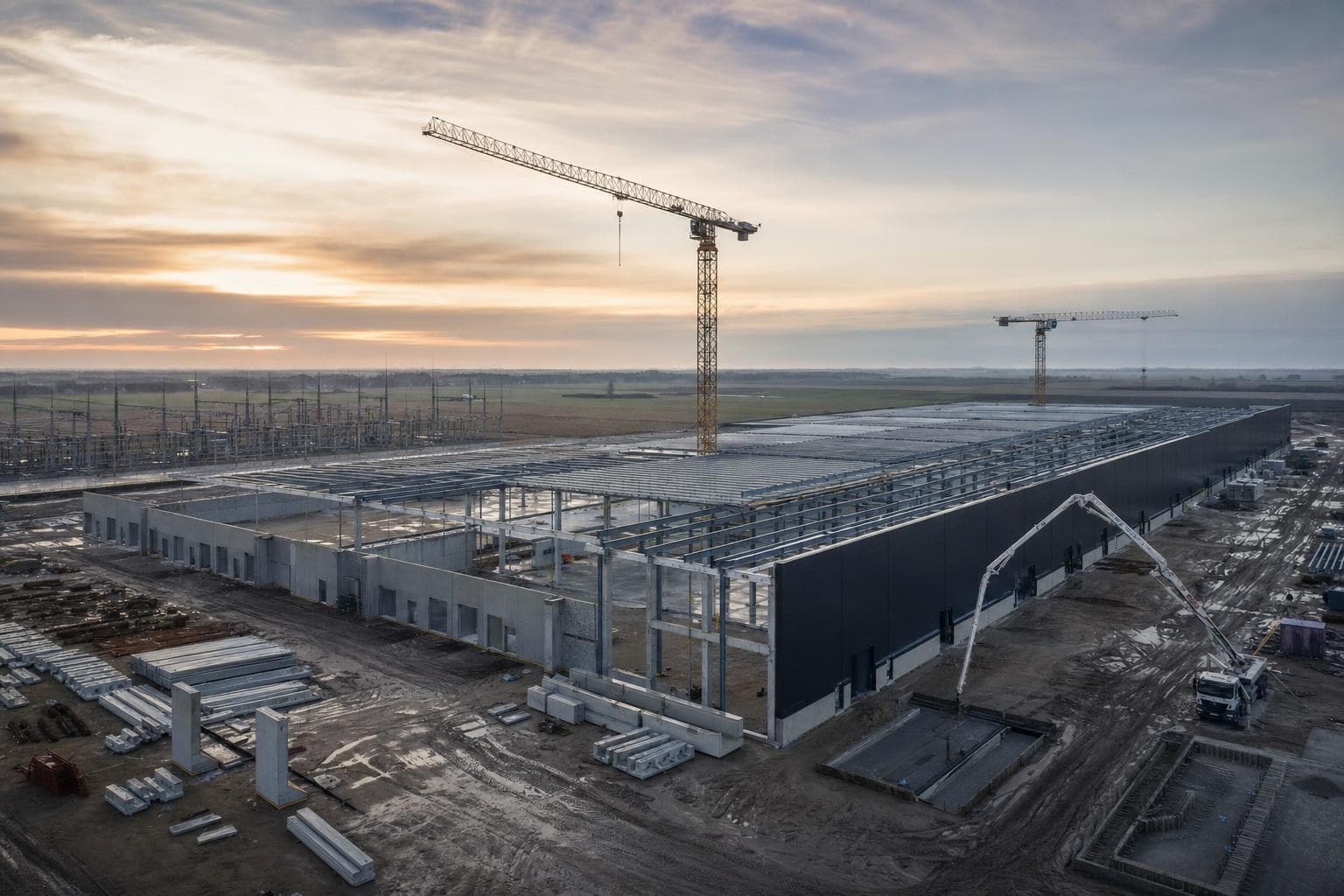 Bouwplaats van een lange hal in ochtendlicht met staalskelet, twee torenkranen en een betonpomp, op de achtergrond een onderstation