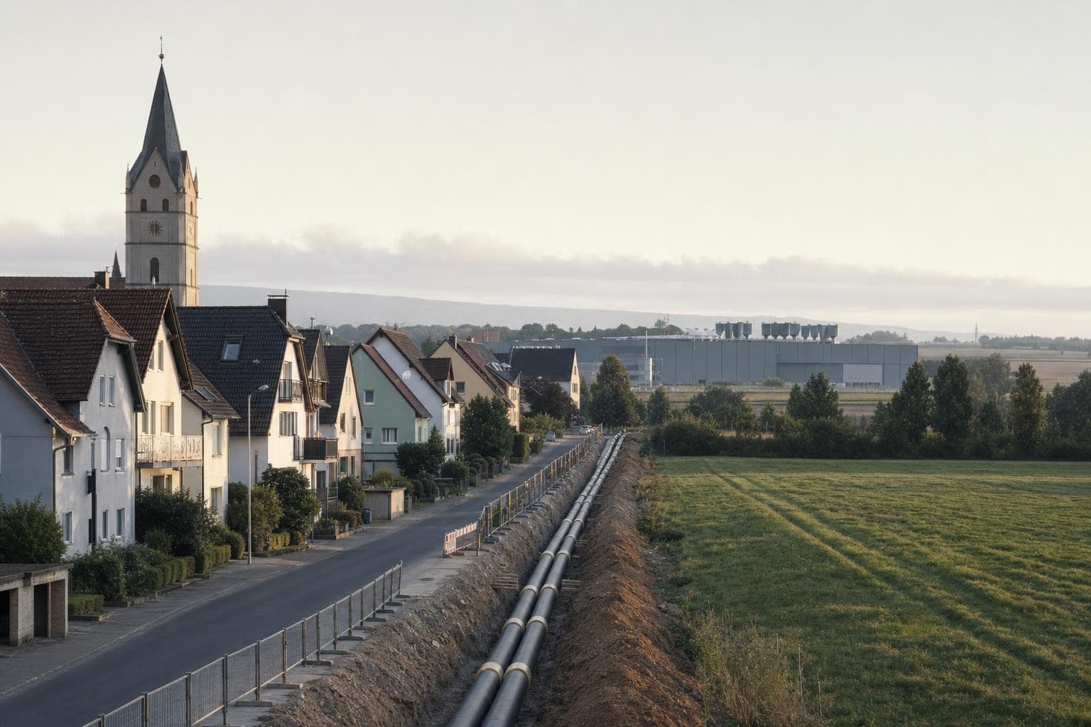 Woonstraat van een klein stadje met kerktoren, langs de straat een sleuf met warmteleidingen, aan de horizon een industriehal met koelinstallaties