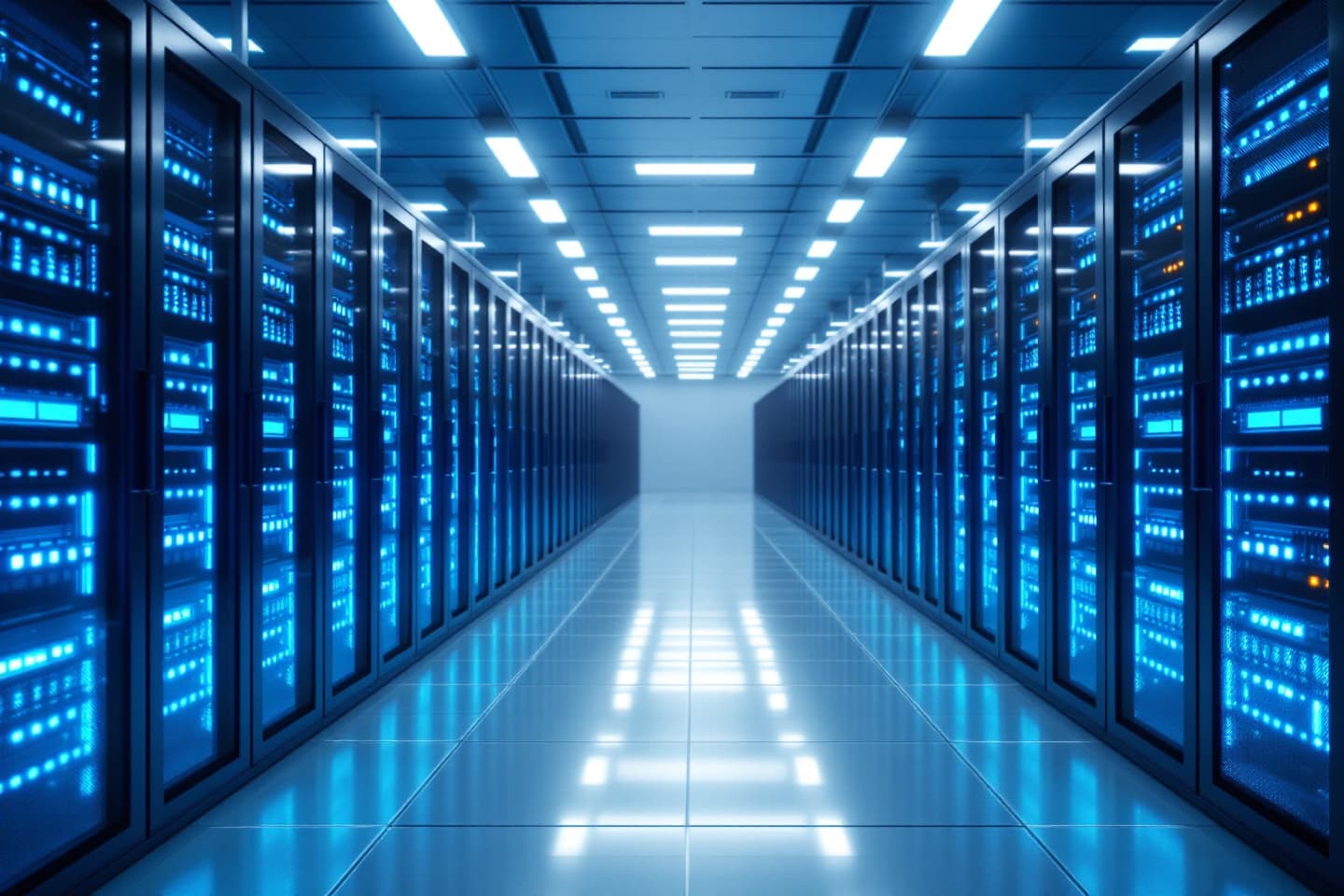 Serverruimte met gekoelde racks en gelijkmatige verlichting