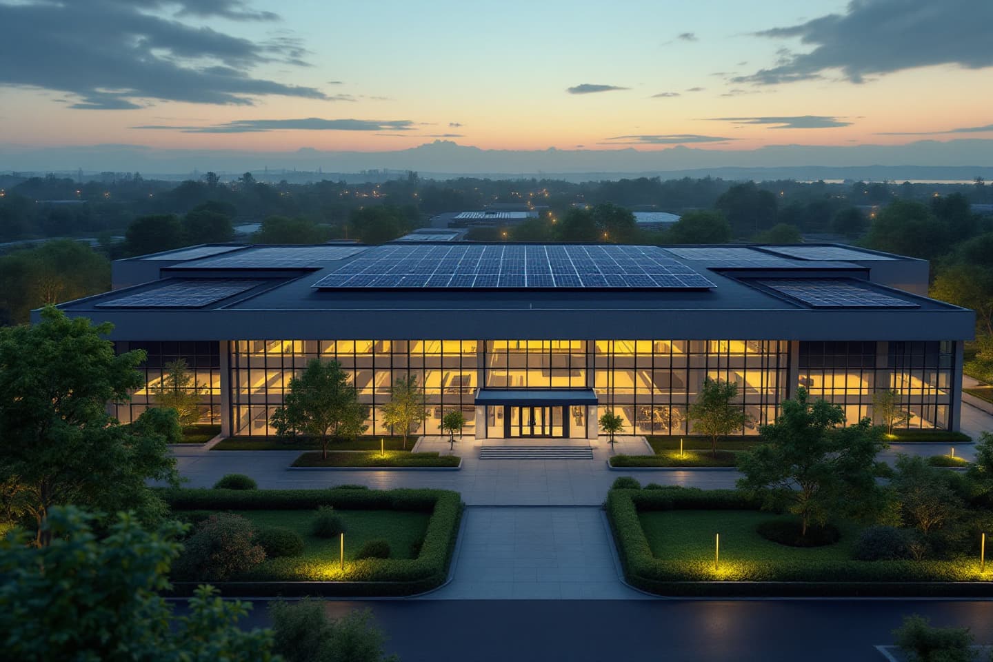 Buitenaanzicht van een modern datacenter met koelinstallaties