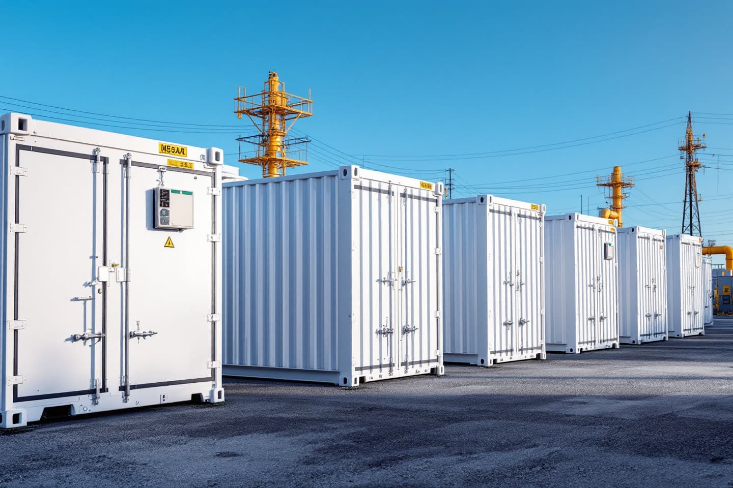 Rij batterijopslag-containers op een industrieterrein