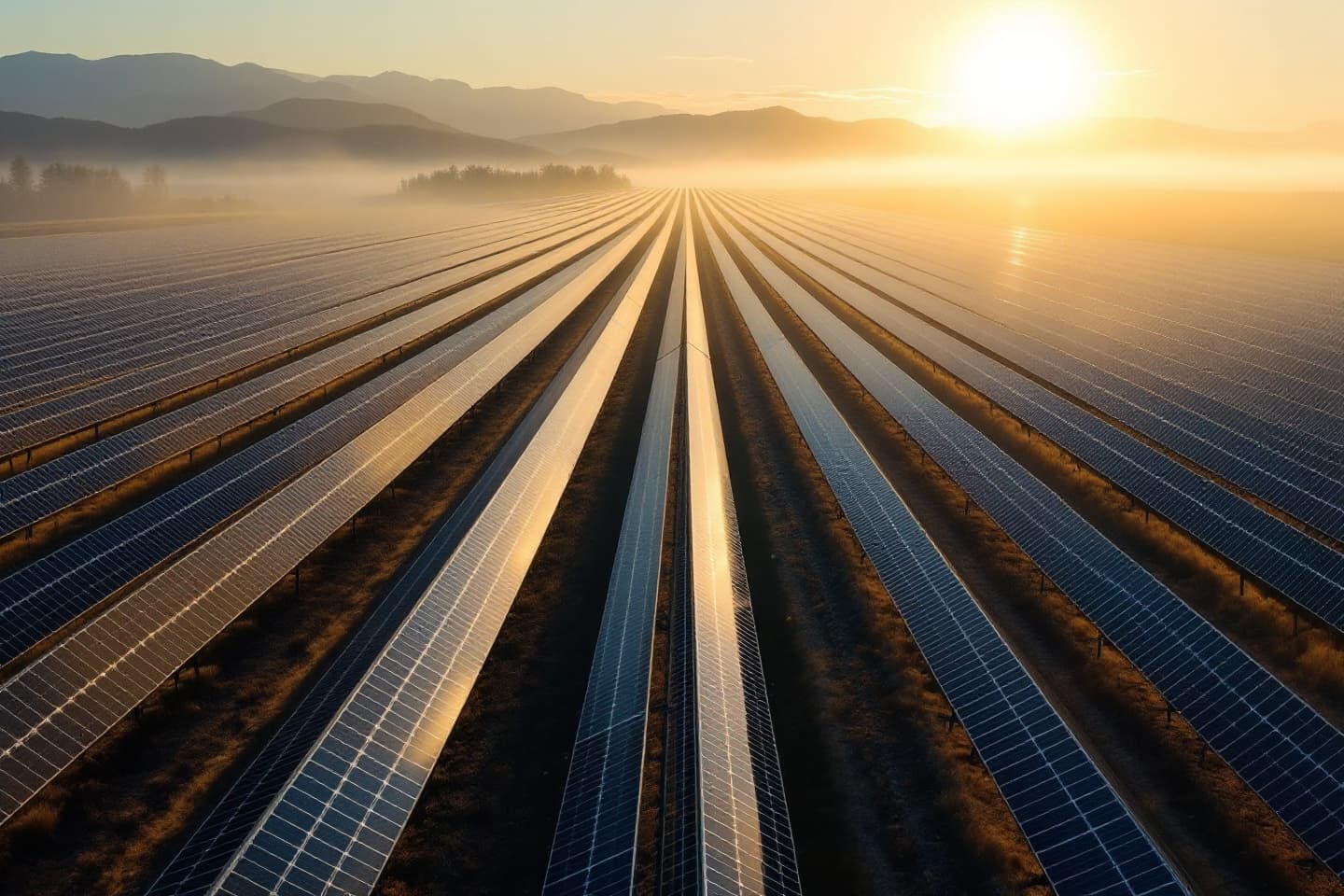 Groothoekopname van een grondgebonden zonne-installatie bij zonsopgang